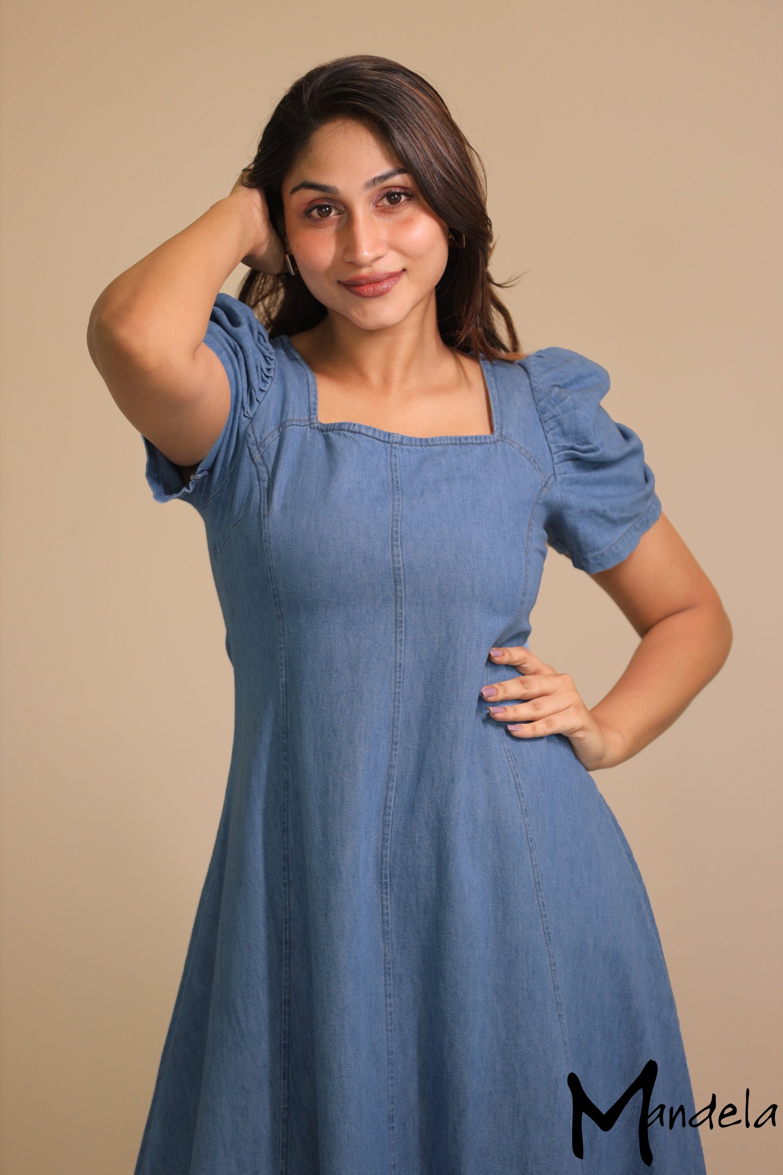 Puff Sleeve Denim Maxi Dress